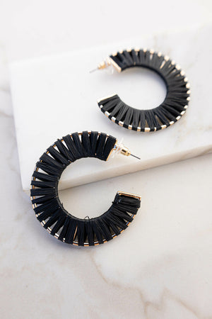 Black and Gold Accent Raffia Hoop Earrings
