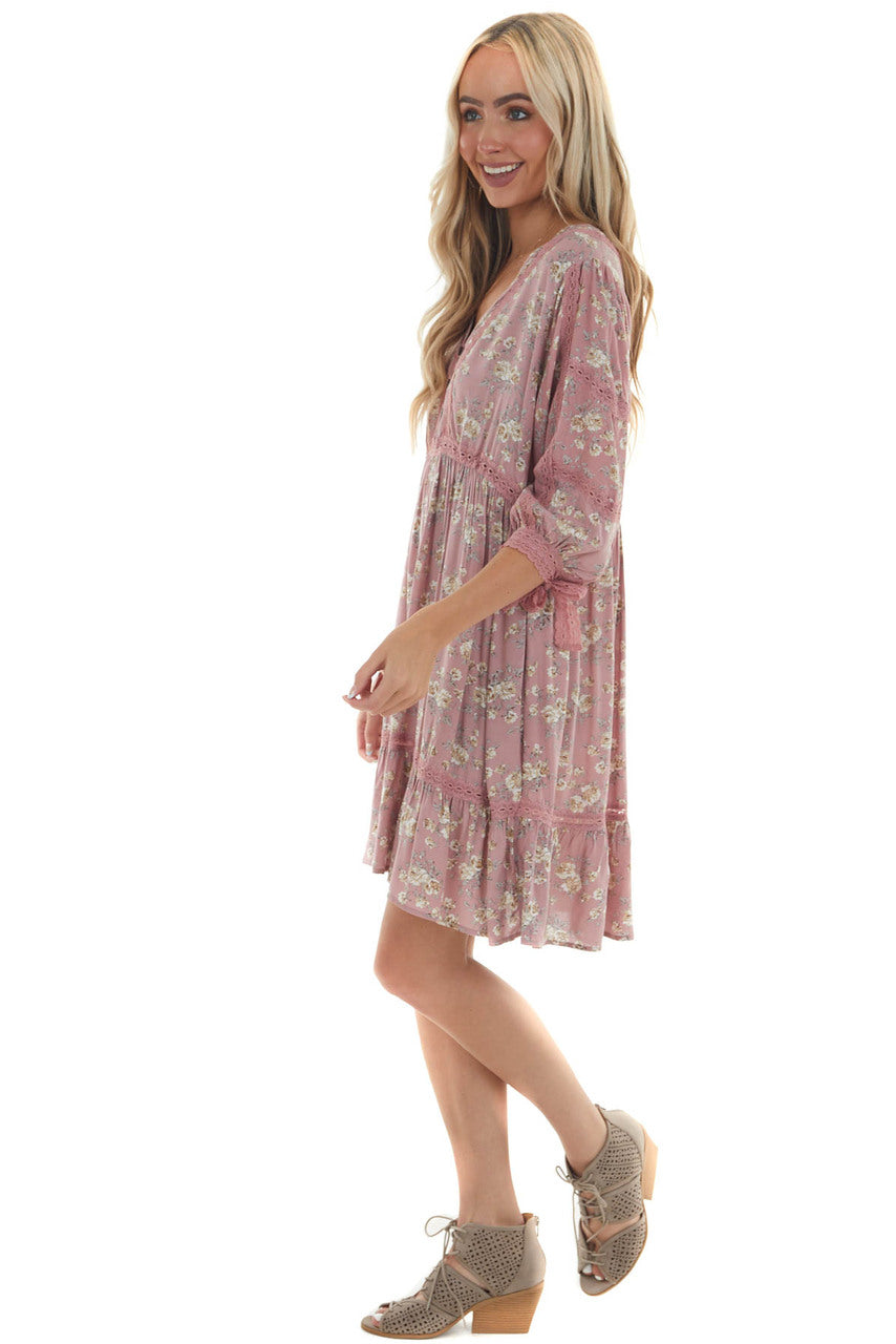 Dusty Rose Floral Print Babydoll Short Dress
