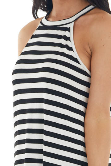 Black and Off White Striped Knit Tank Top with Halter Neckline 