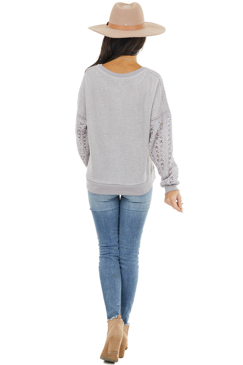 Slate Grey Knit Lightweight Sweater with Crocheted Sleeves