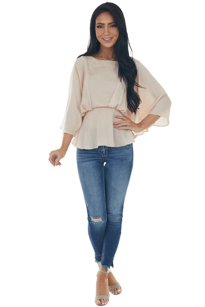 Tea Rose Kimono Sleeve Pleated Peplum Blouse