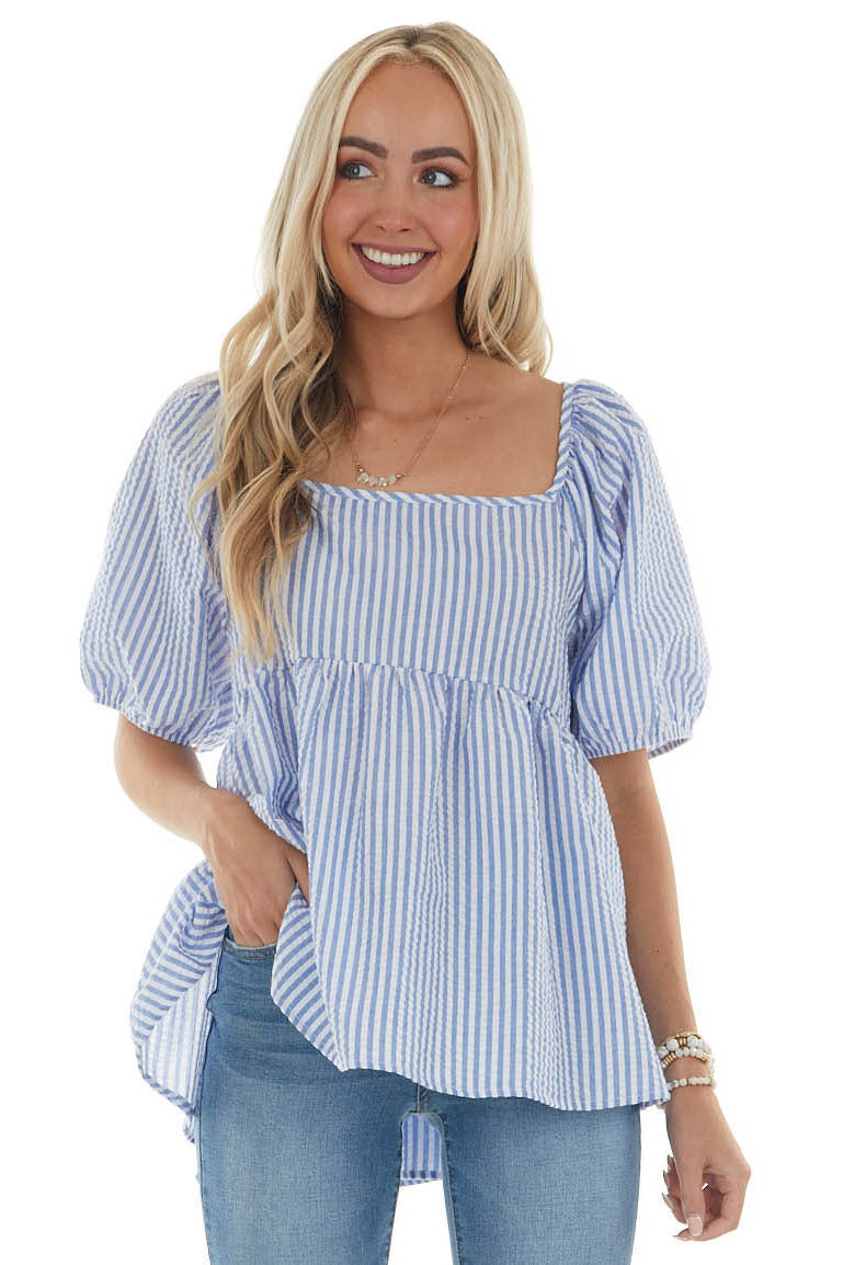 Cornflower Striped Puff Sleeve Babydoll Blouse