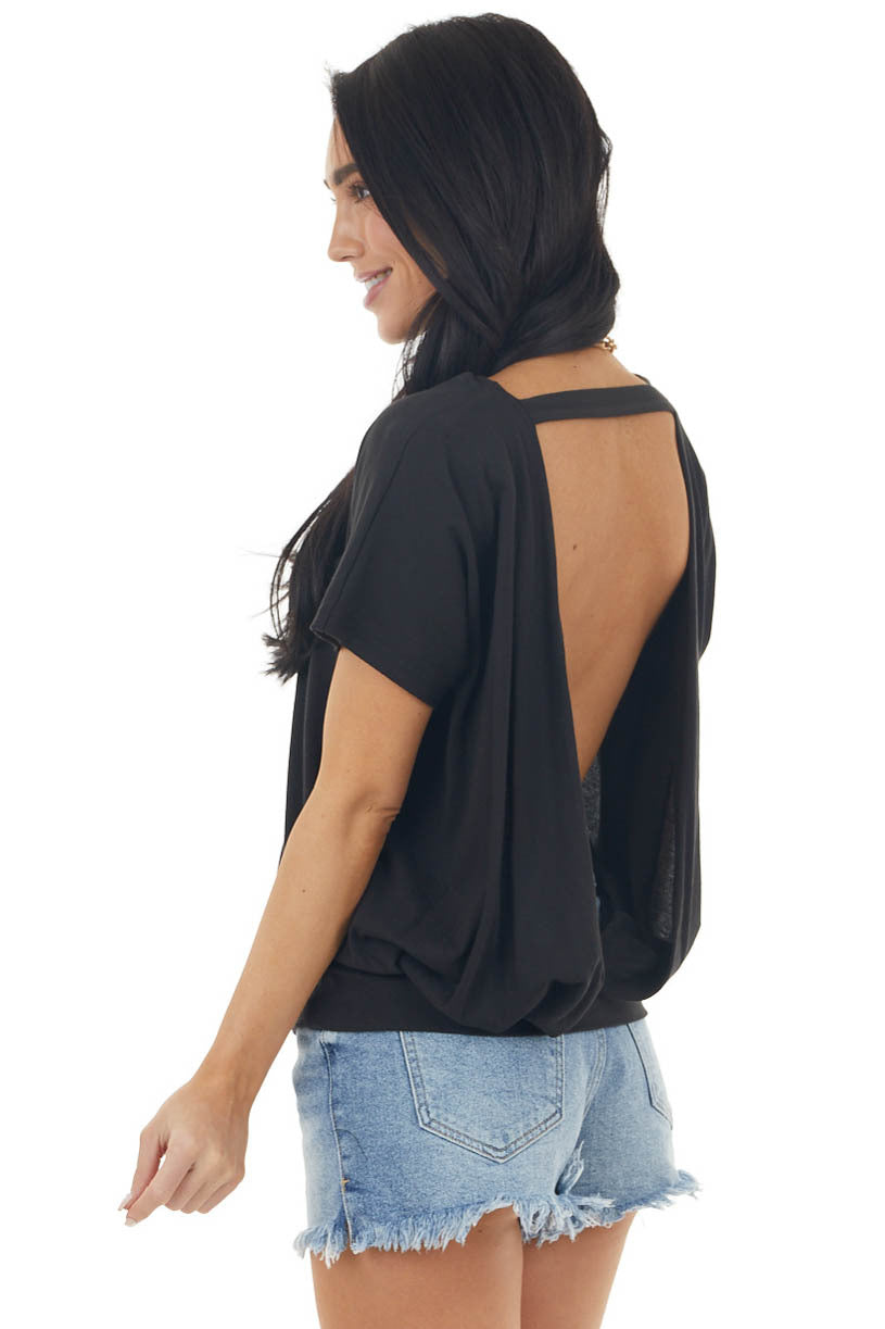 Black Short Sleeve Backless Knit Top with Banded Hem