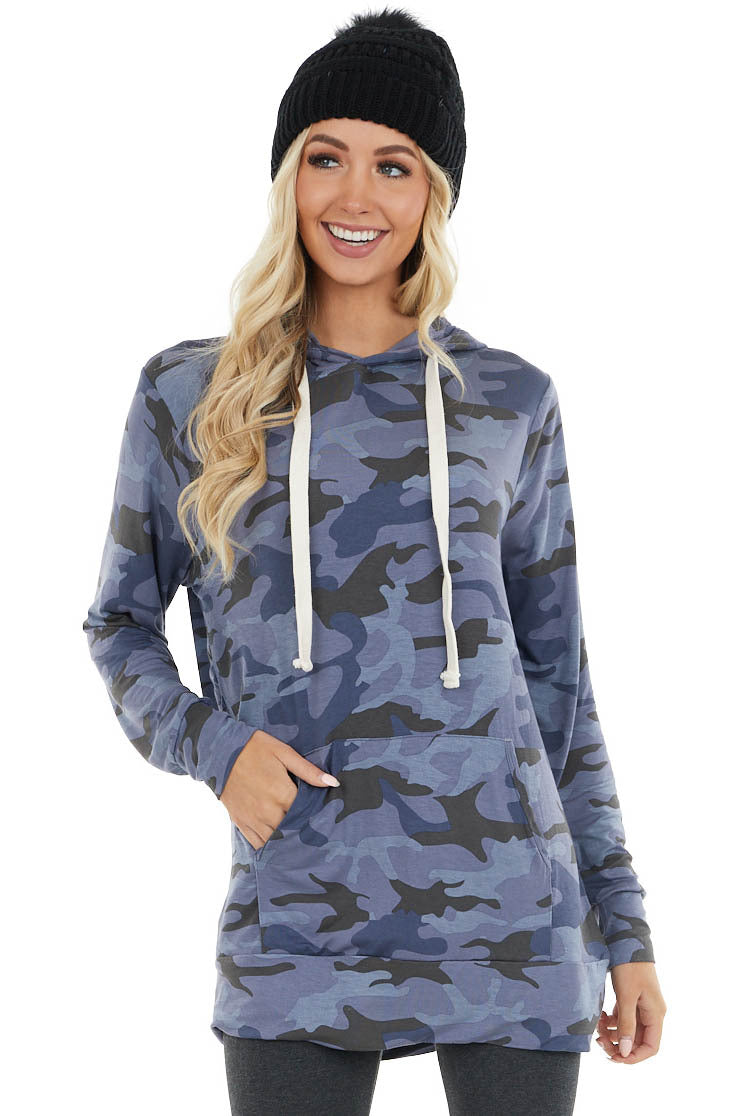 Navy Camo Print Lightweight Hoodie with Kangaroo Pocket