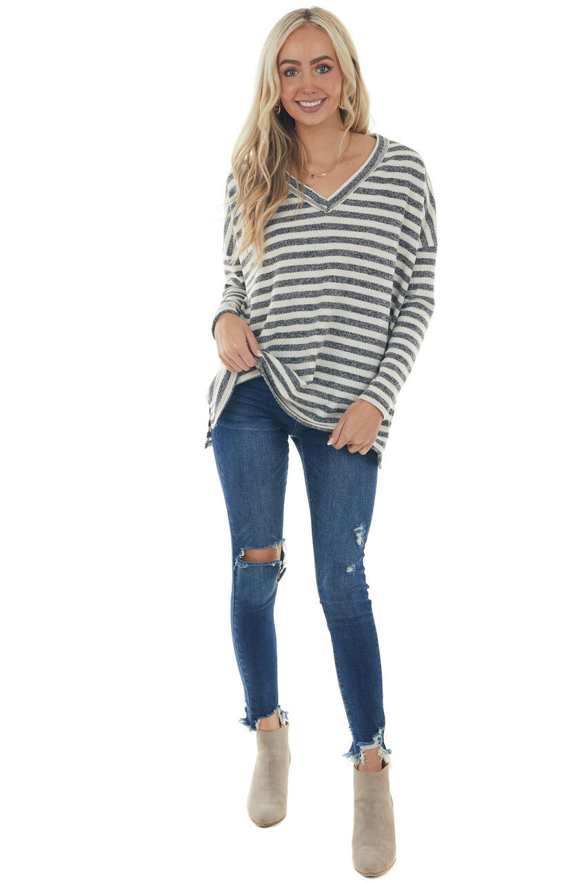 Ivory and Charcoal Striped Oversized Knit Top