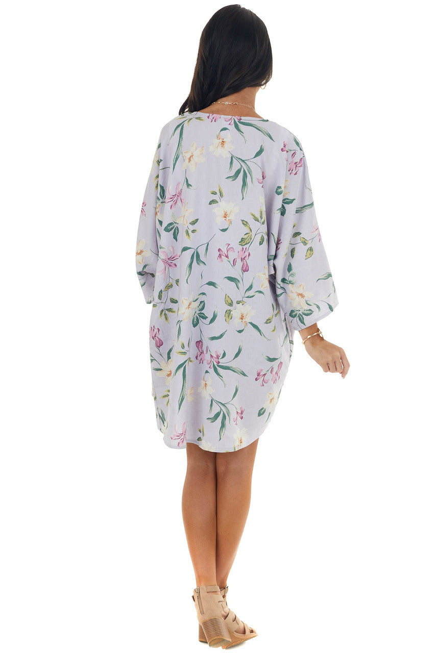 Lavender Floral Print Kimono with High Low Hem