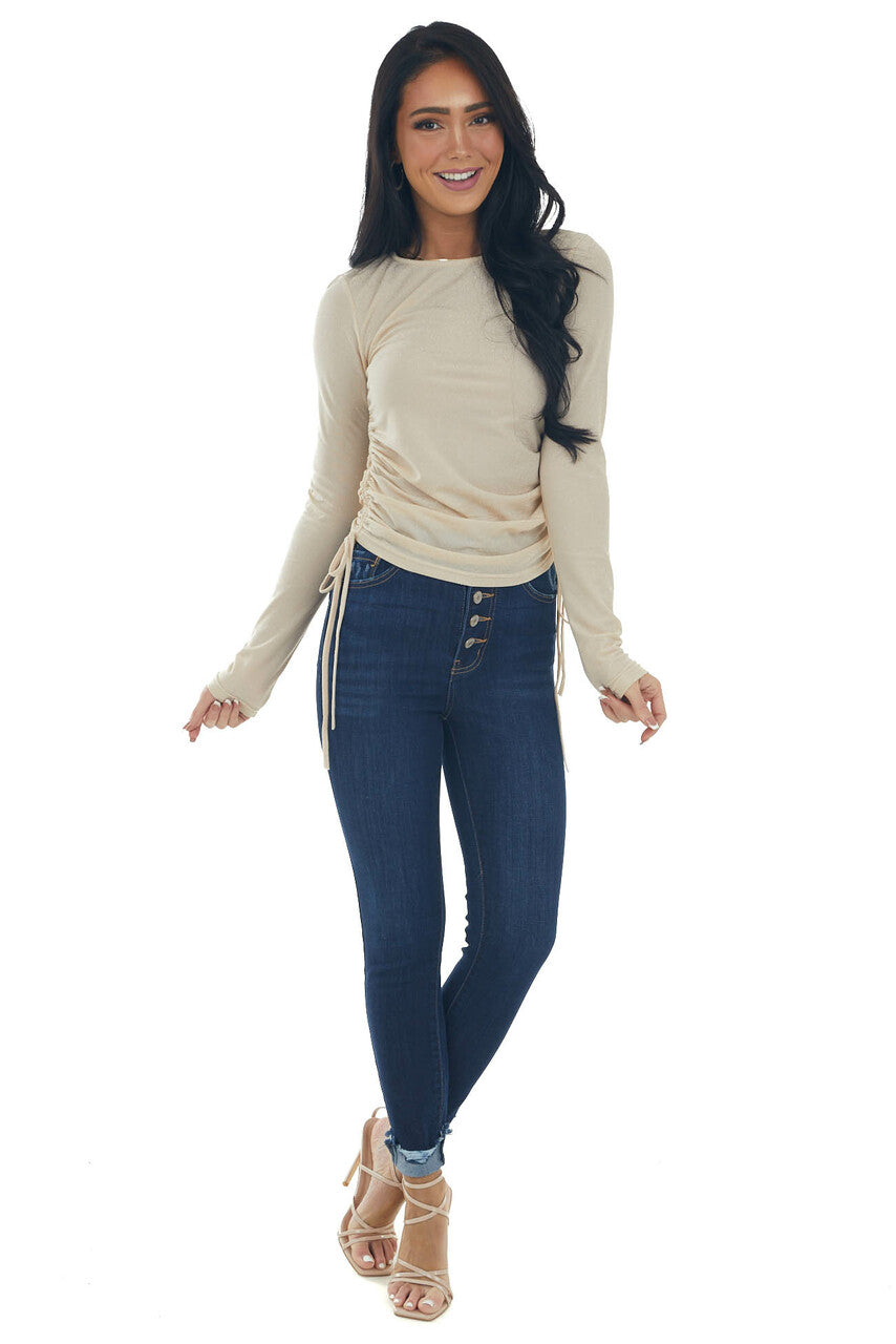 Sand Metallic Thread Ruched Side Knit Top