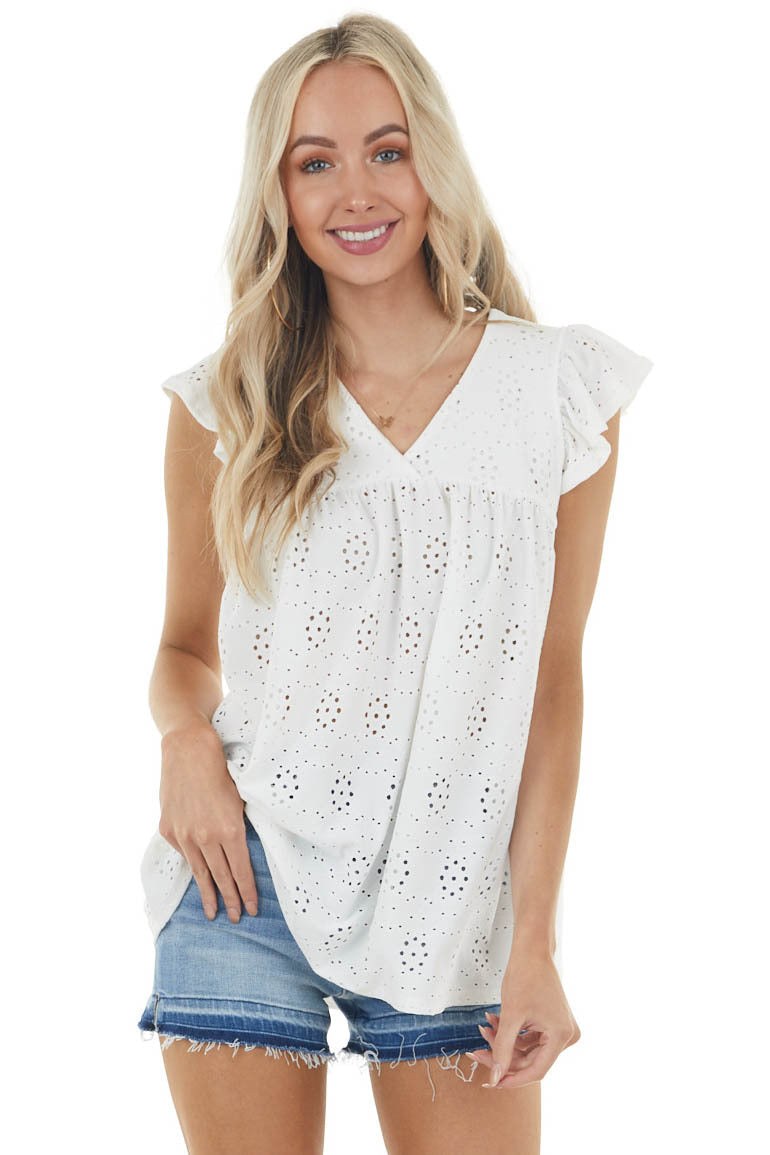 Pearl Short Flutter Sleeve Babydoll Eyelet Lace Knit Top