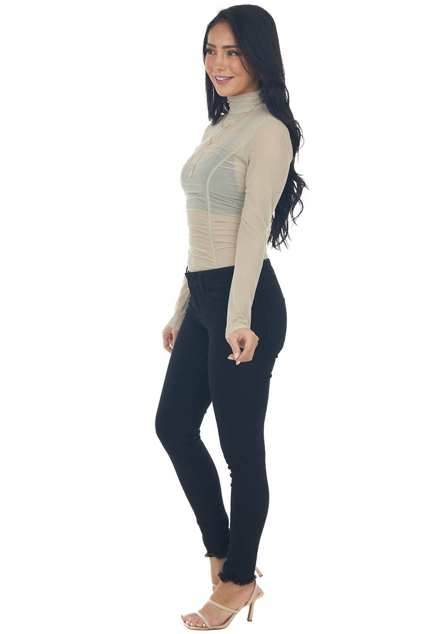 Taupe Long Sleeve Ruched Bodycon Bodysuit