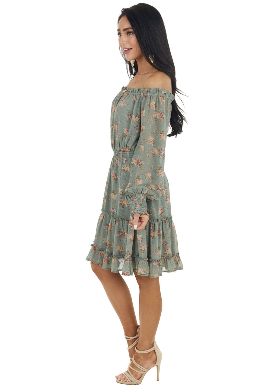 Sage Floral Print Off the Shoulder Short Woven Dress