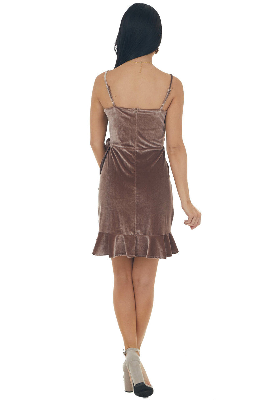 Coffee Surplice Wrap Tie Velvet Mini Dress