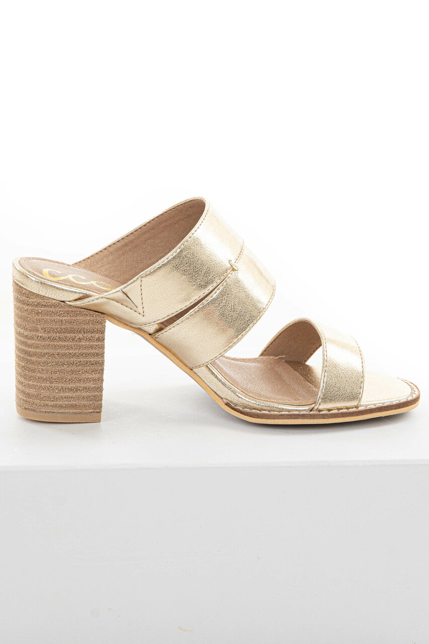 Shiny Gold Faux Leather Open Toe Heeled Mules