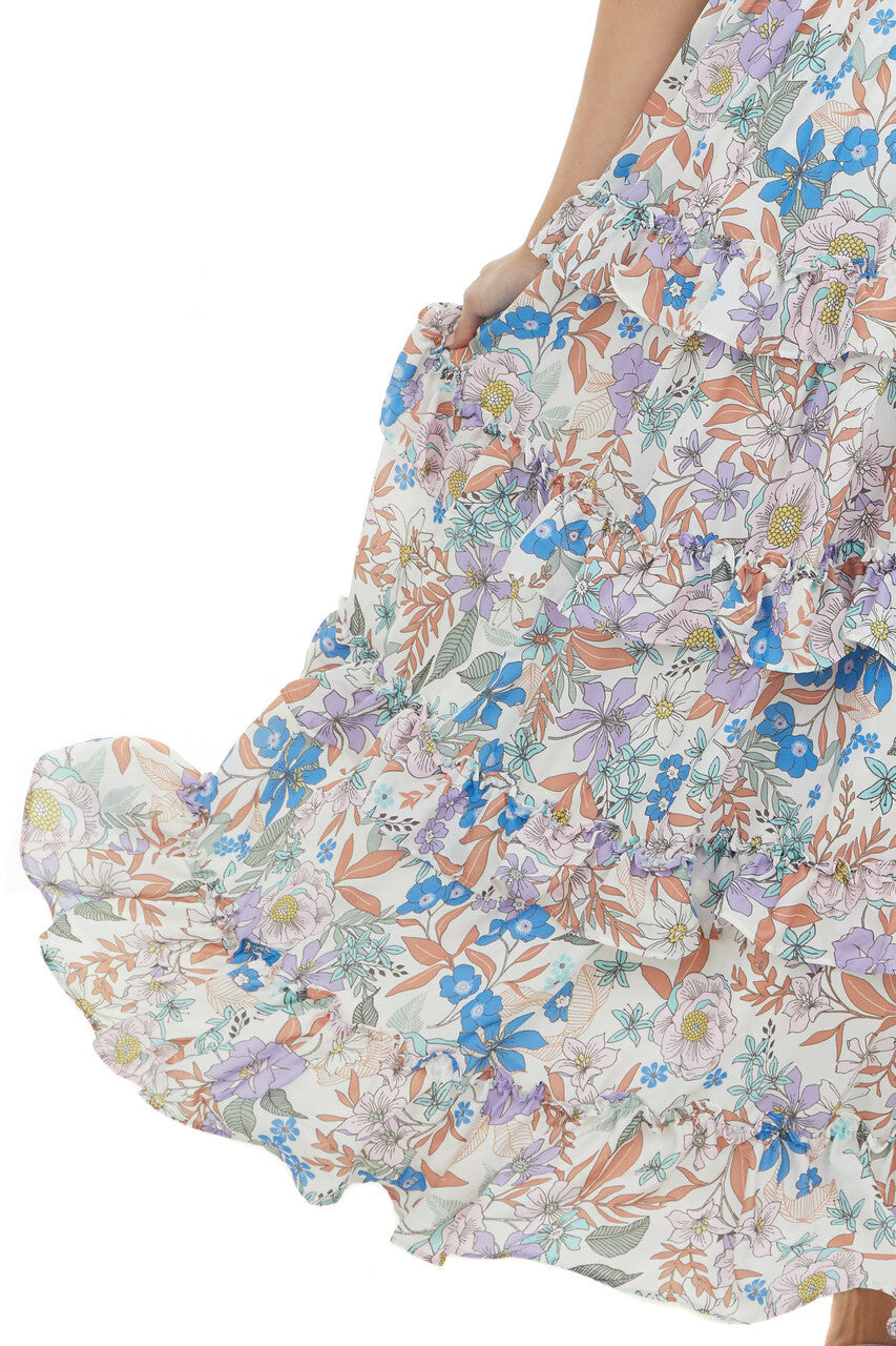 Off White Floral Print Ruffle Tier Maxi Dress