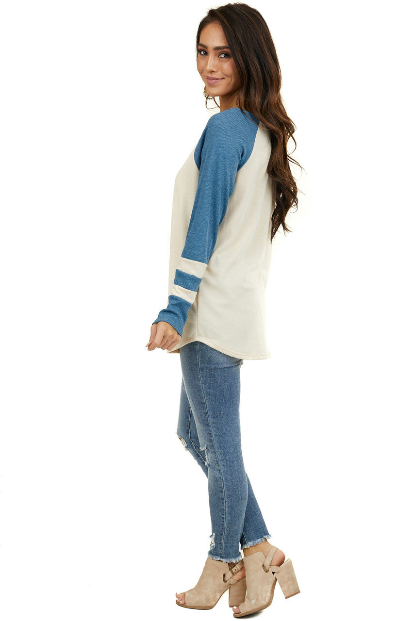 Cream Top with Ocean Waffle Knit Contrast Sleeves
