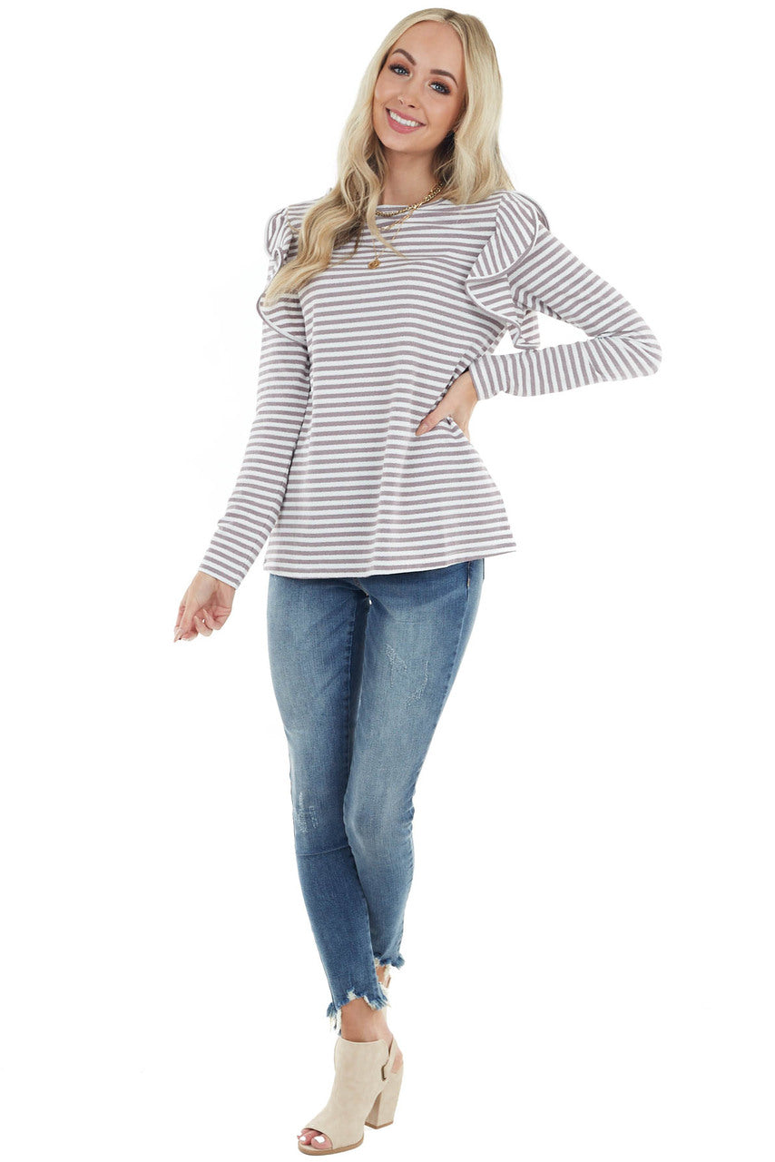 Mocha and Ivory Striped Long Sleeve Top with Ruffle Detail 
