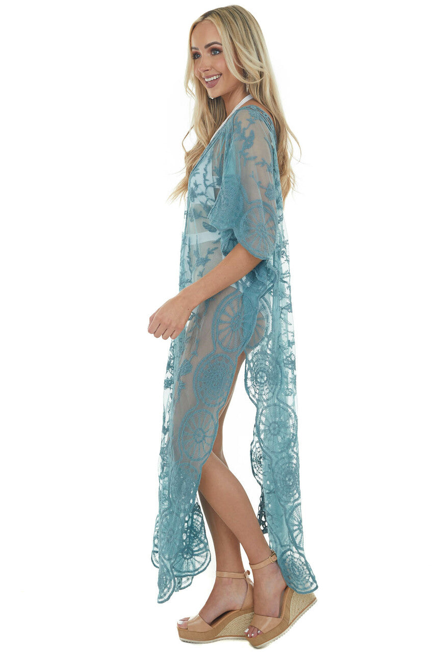 Sea Blue Crochet Detail Side Slit Mesh Cover Up
