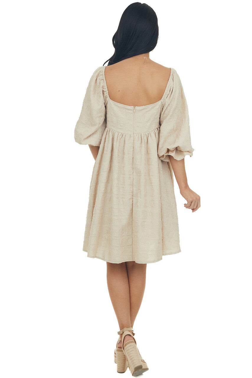 Beige Textured Woven Babydoll Short Dress