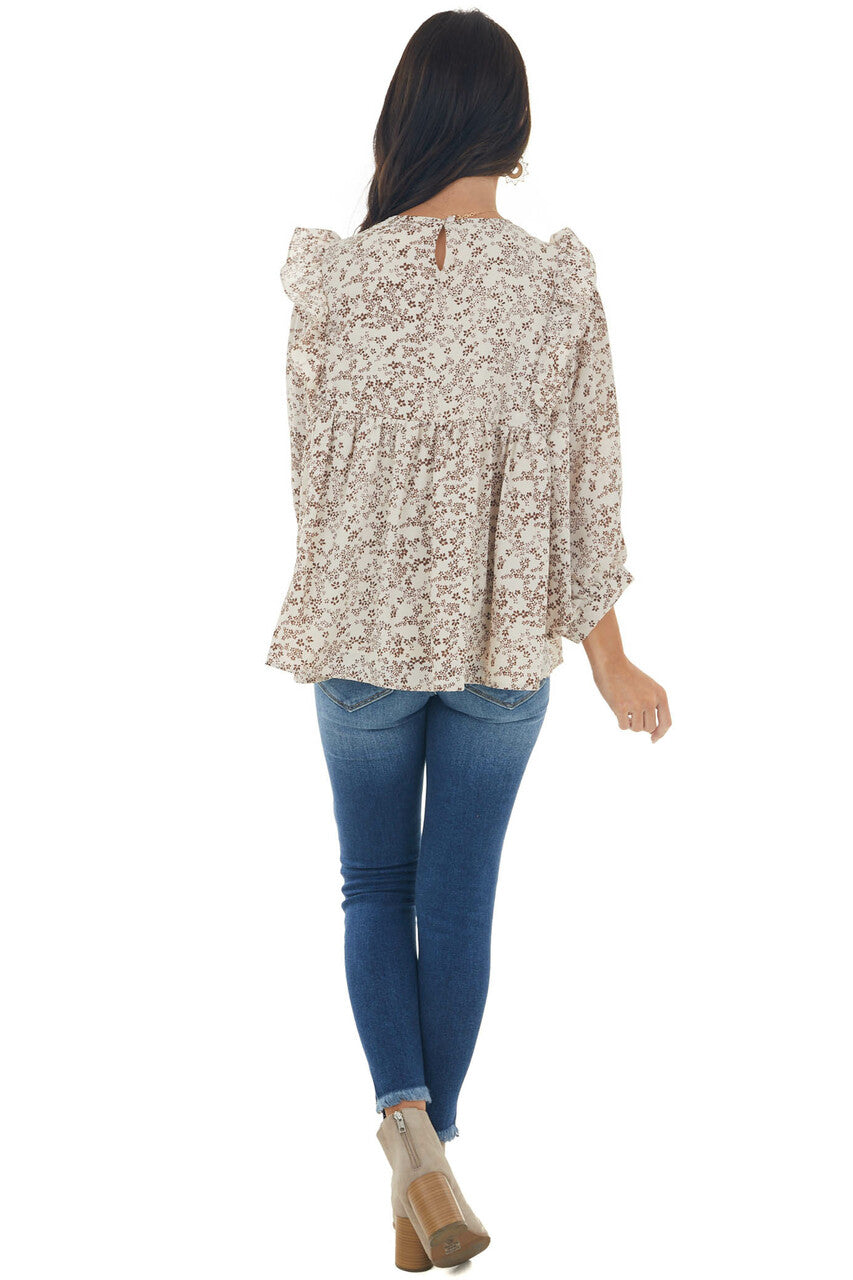 Oatmeal and Sepia Ditsy Floral Print Blouse