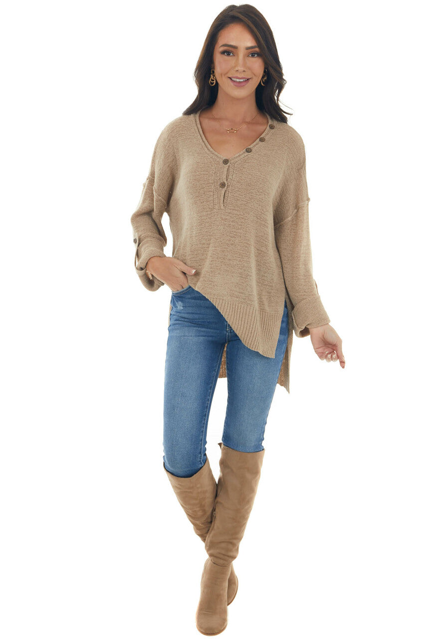Latte Button Up Rolled Cuff Loose Knit Sweater 