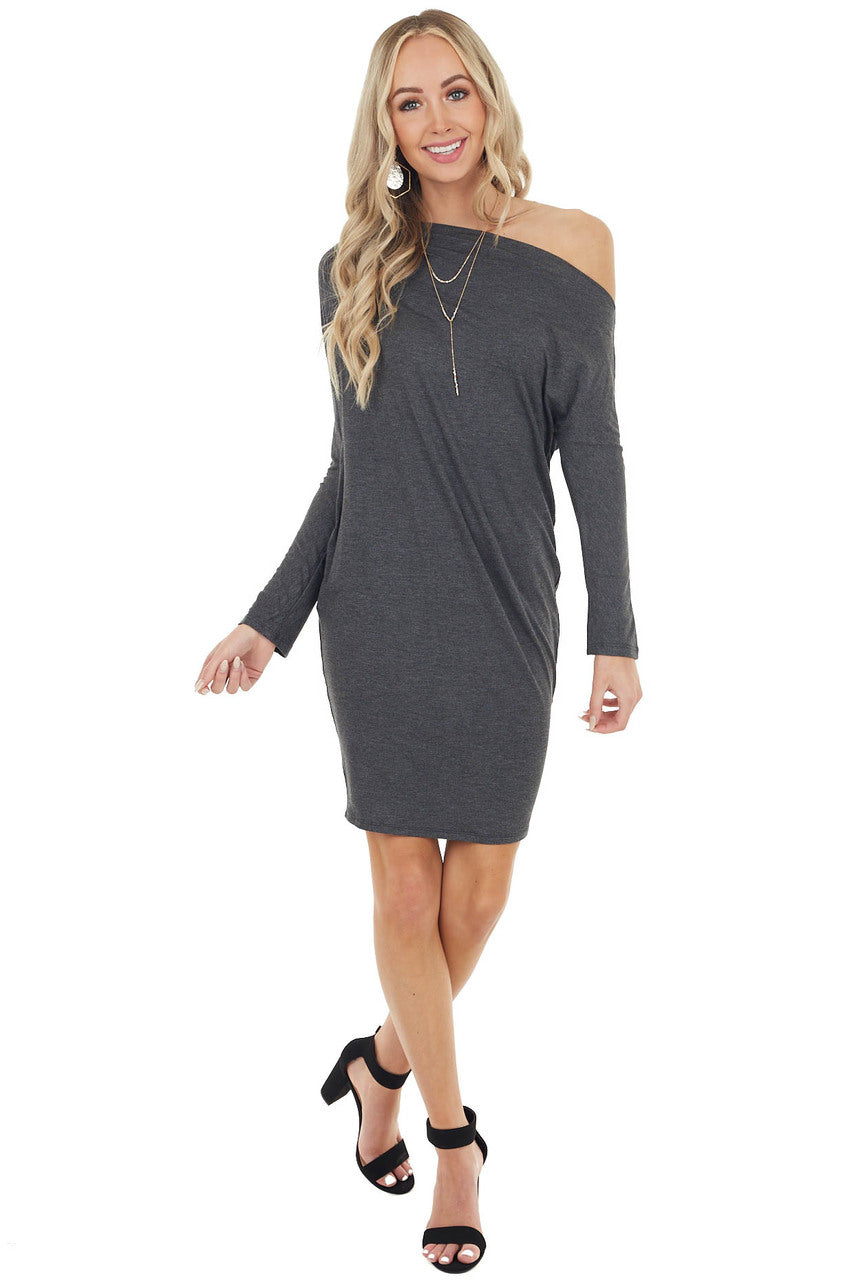 Charcoal Off Shoulder Long Sleeve Semi Fitted Short Dress