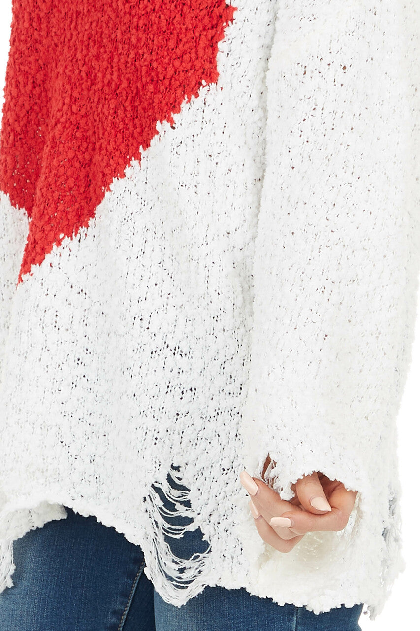 White Long Sleeve Distressed Sweater with Red Heart Detail
