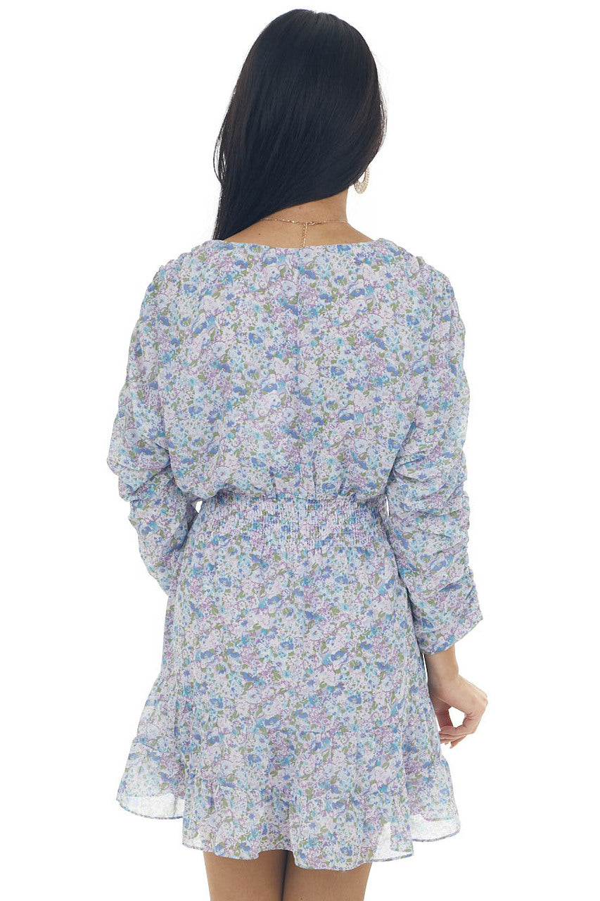 Powder Blue Floral Print Surplice Short Dress 