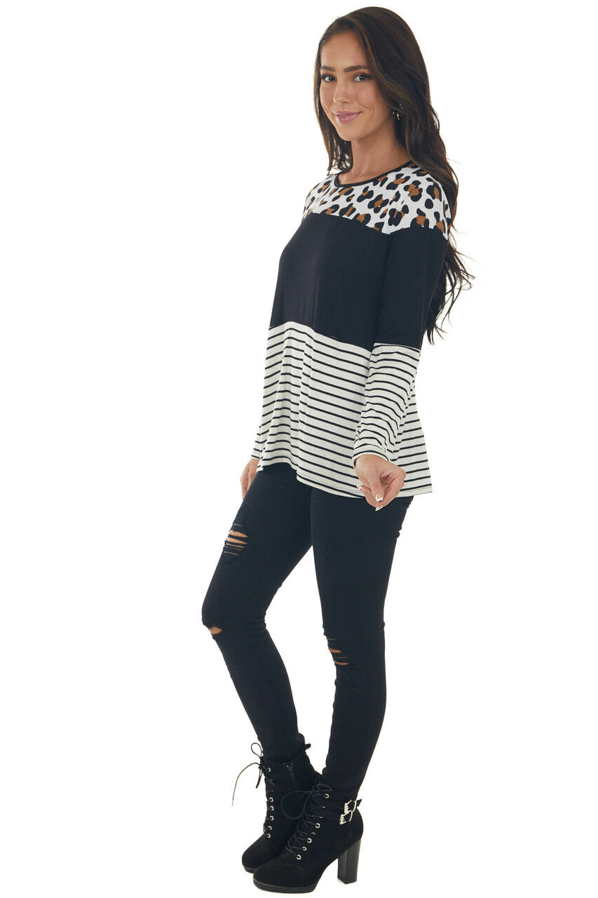 Black Colorblock Leopard Print Long Sleeve Top