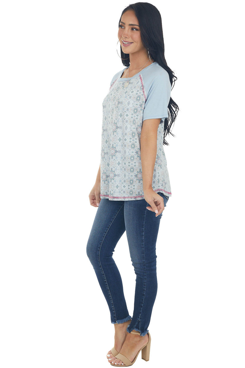 Powder Blue Abstract Print Knit Top 