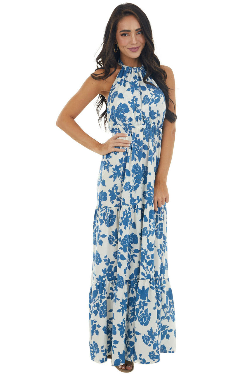 Steel Blue and Ivory Floral Print Maxi Dress 