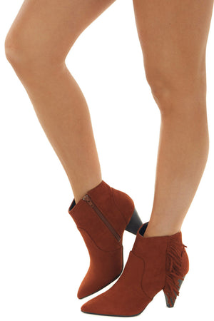 Dark Rust Faux Suede Bootie with Fringe Detail 