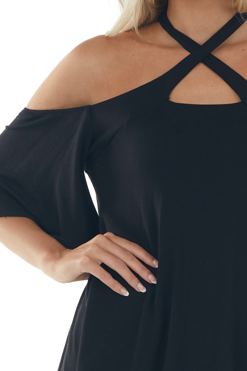 Black Flutter Sleeve Cold Shoulder Halter Top