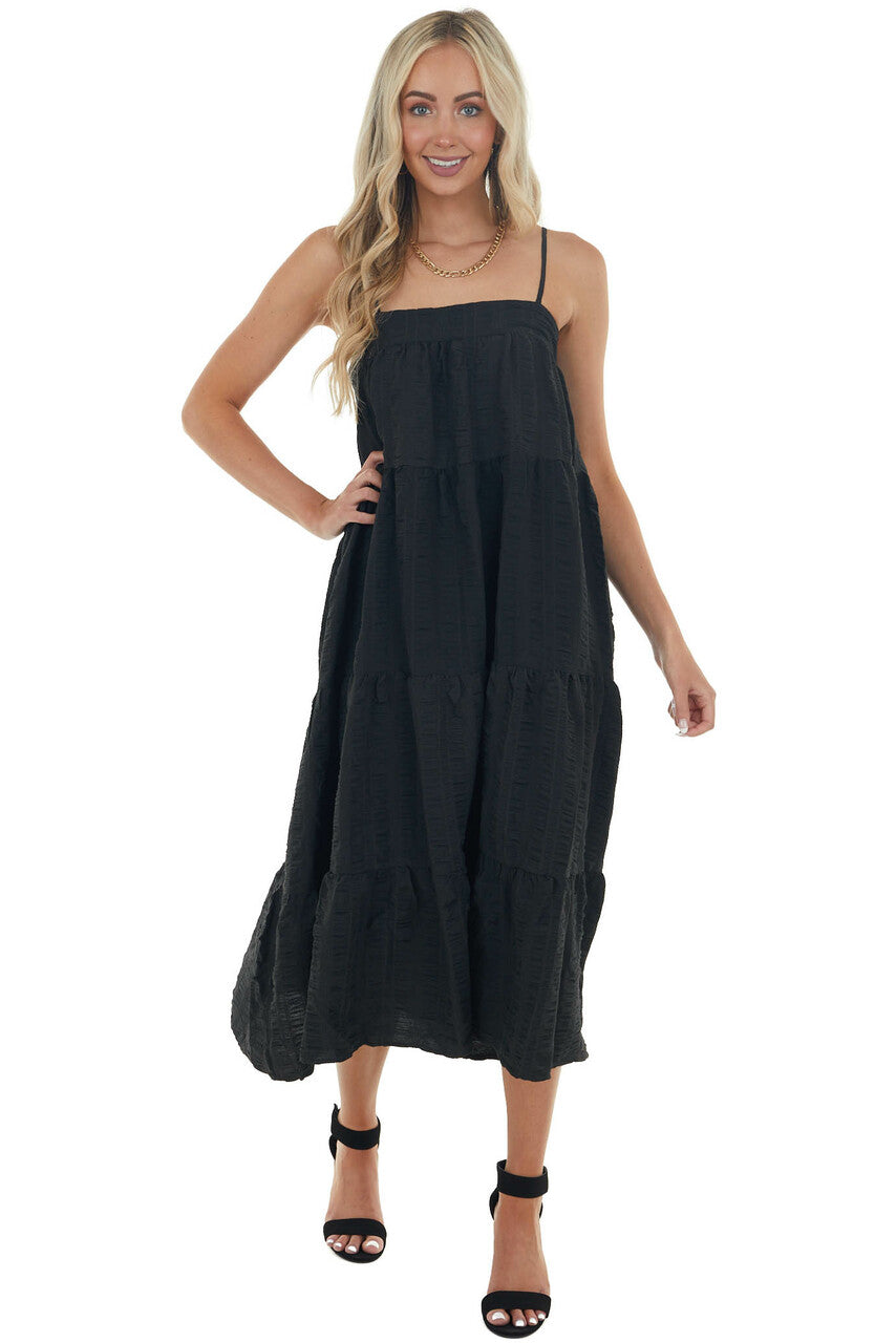 Black Textured Tiered Tent Midi Woven Dress