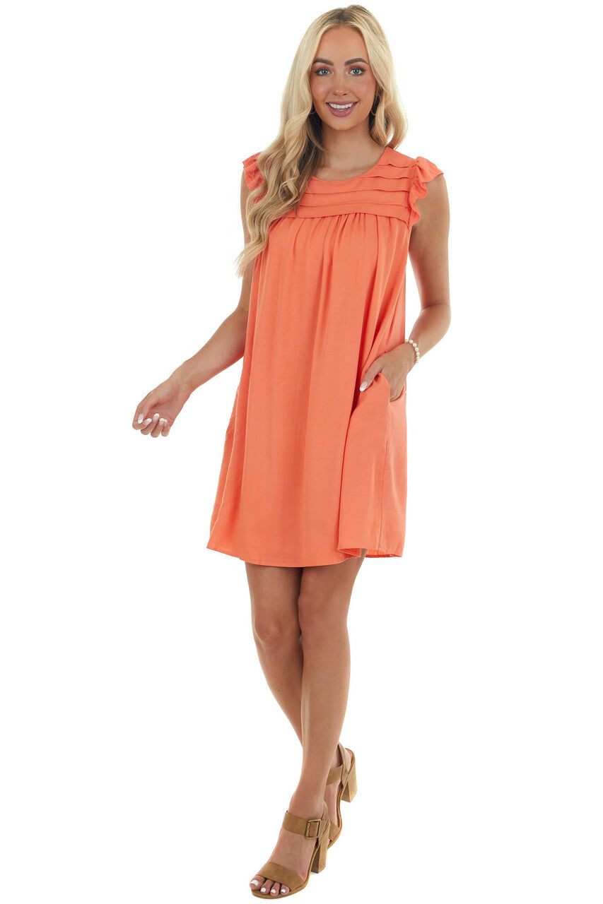 Coral Babydoll Pintuck Yoke Mini Woven Dress