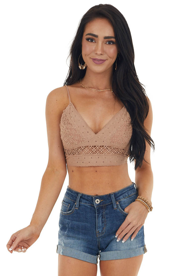 Taupe Cropped Tank Top with Crochet Details