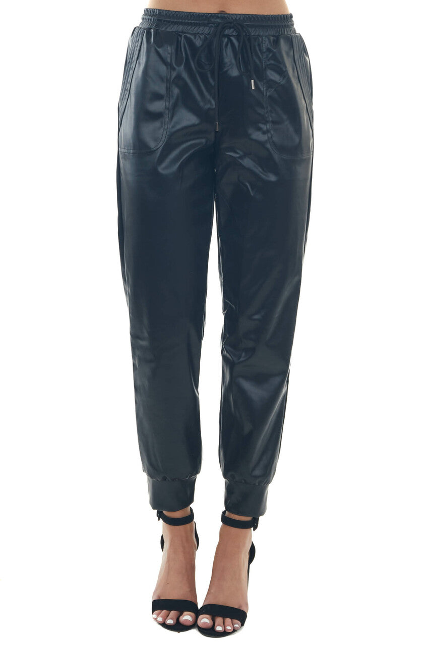Black Faux Leather Drawstring Jogger Pants 