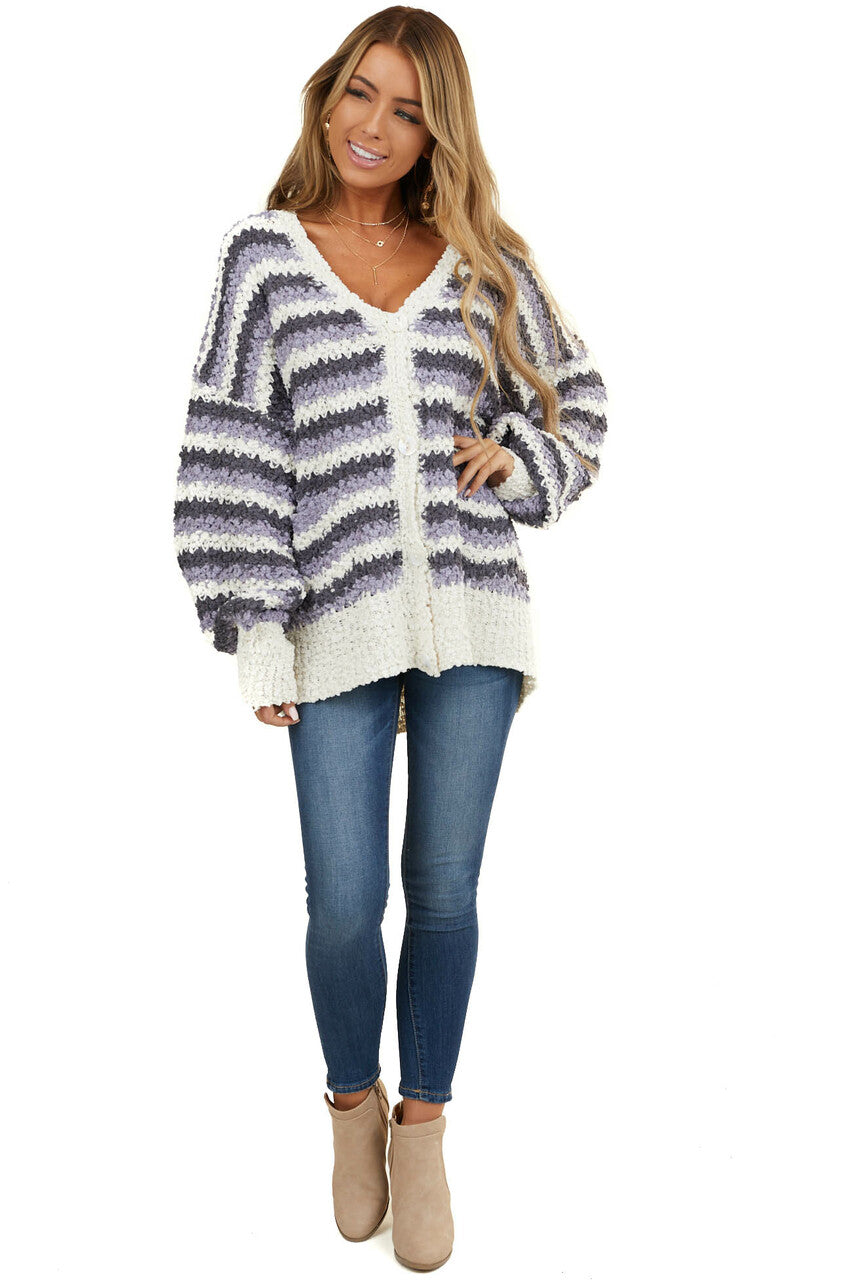 Charcoal and Periwinkle Chunky Knit Button Up Cardigan 