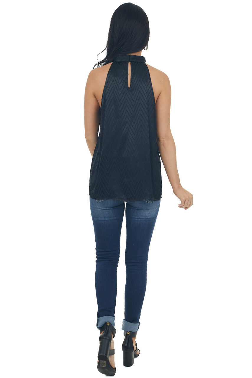 Black Abstract Print Satin Halter Neck Blouse