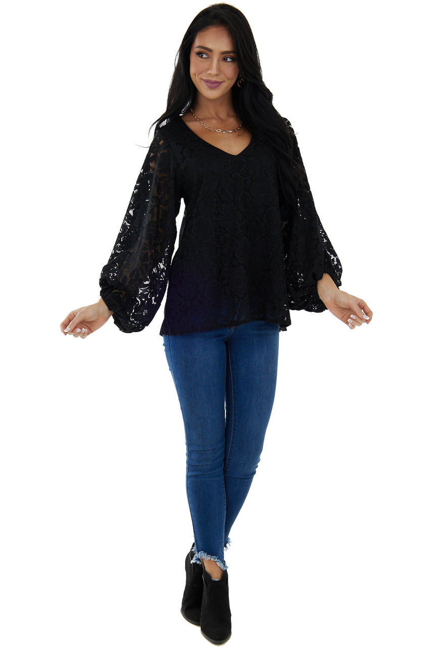 Black Floral Lace Long Bubble Sleeve Blouse
