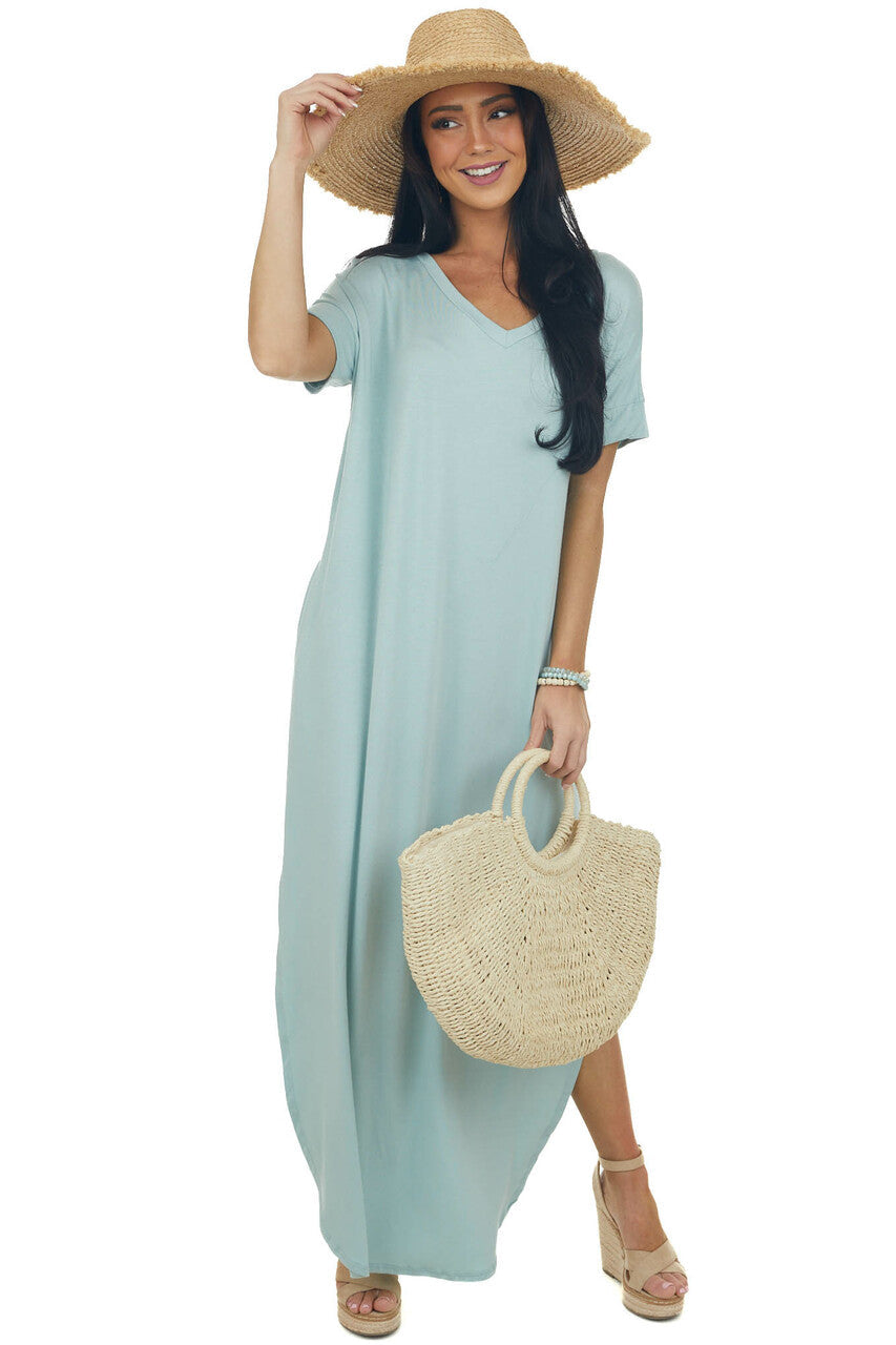 Mint Short Sleeve Maxi Dress with Side Slits 