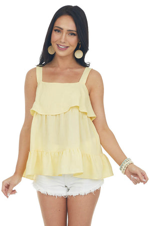 Lemon Woven Tank Top with Ruffle Details