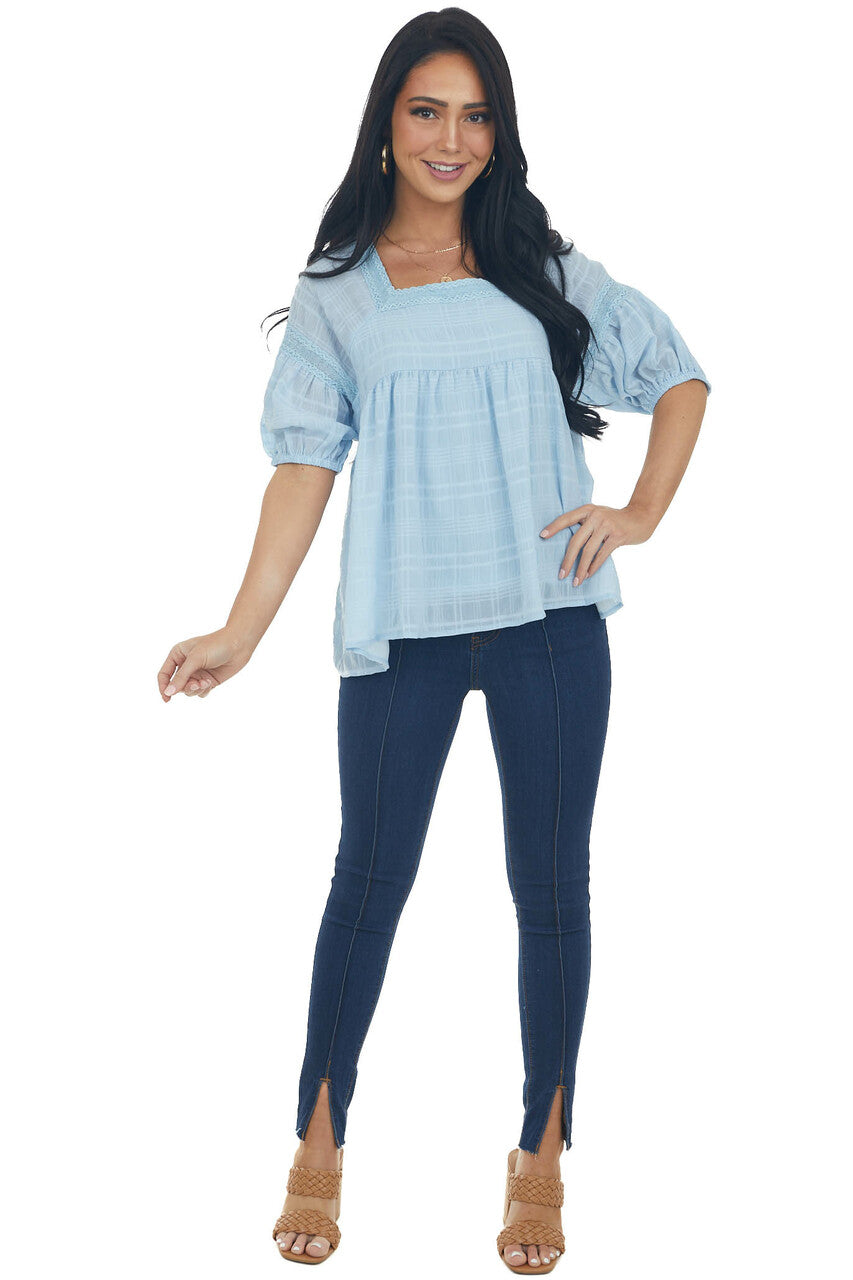 Powder Blue Babydoll Puff Sleeve Blouse with Square Neck