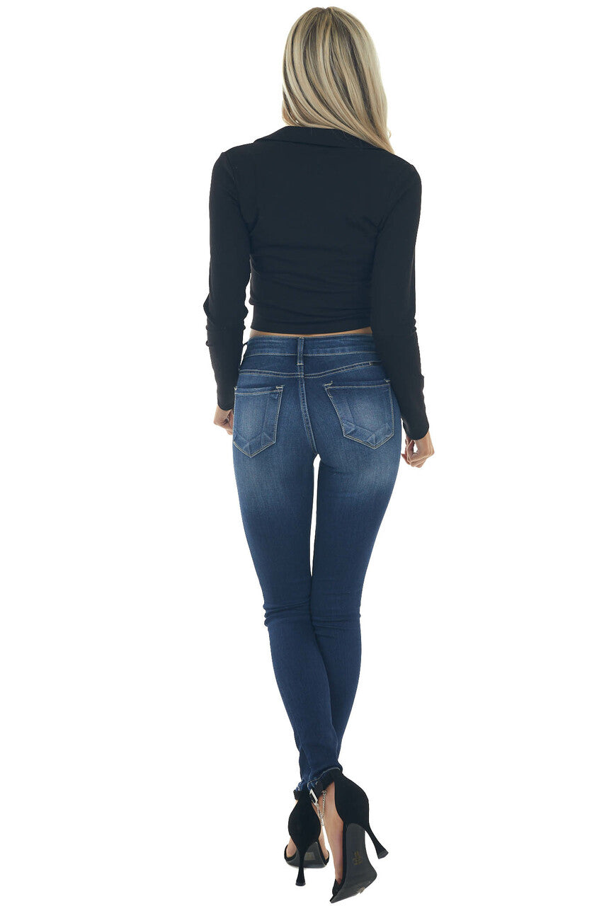 Black Adjustable Ruched Collared Knit Top