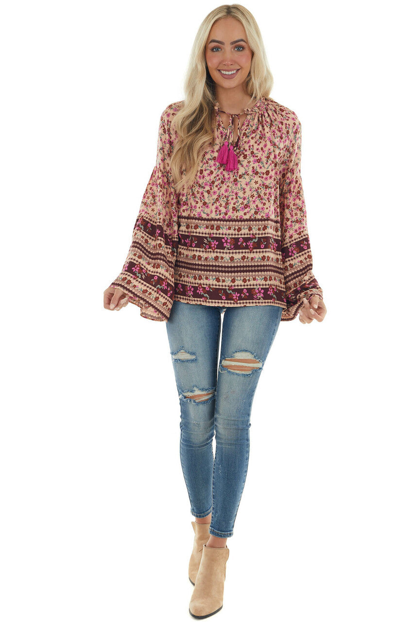 Beige Printed Bell Sleeve Top with Tassel Tie