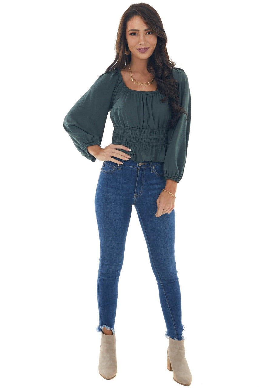 Spruce Open Back Smocked Peplum Silky Blouse 