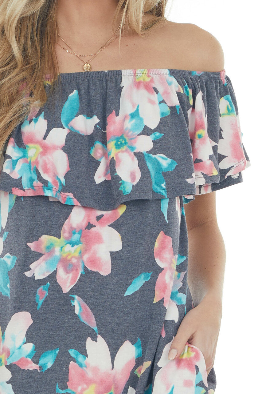 Navy Floral Off Shoulder Overlay Mini Dress