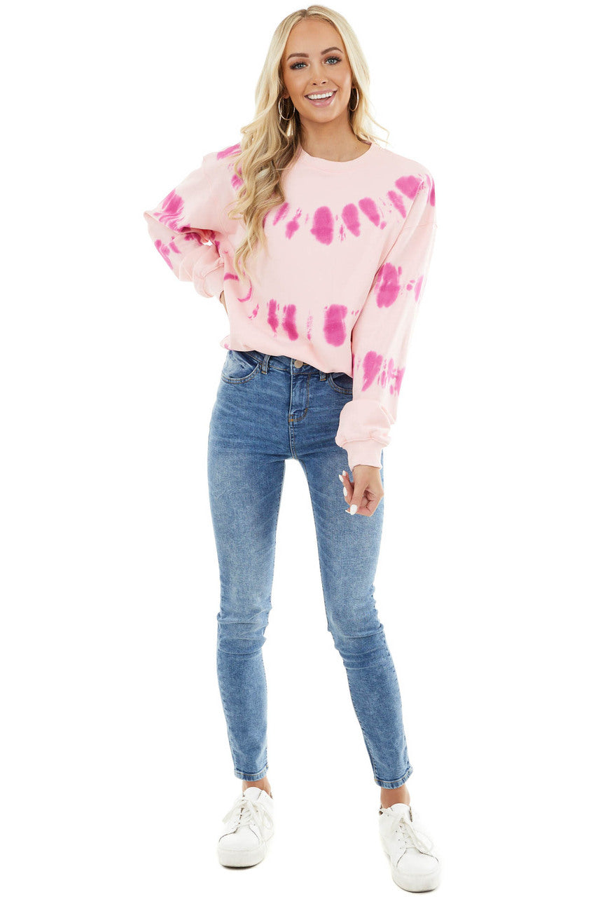 Baby Pink and Fuchsia Tie Dye Sweatshirt with Ribbed Detail