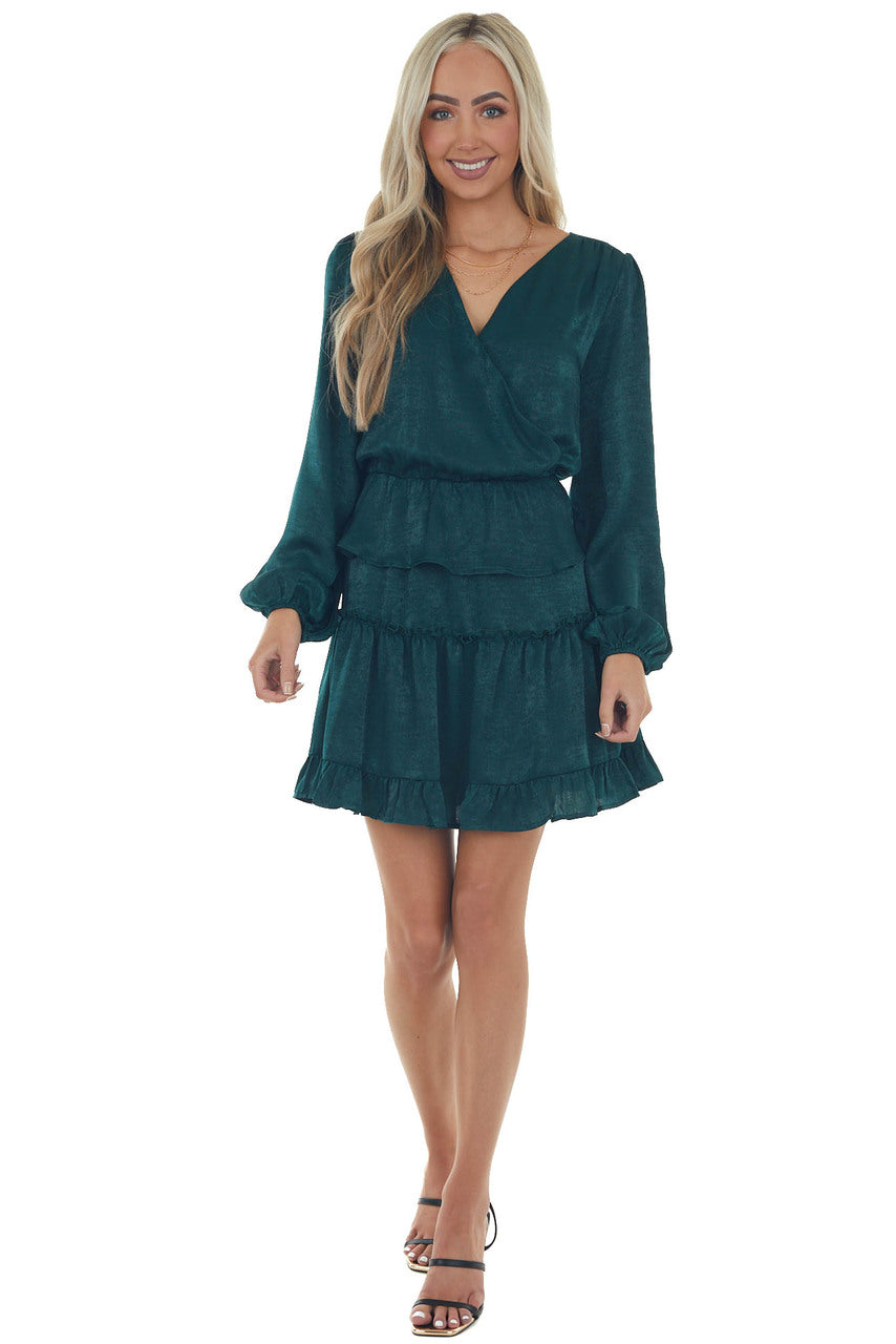 Forest Green Tiered Satin Surplice Dress