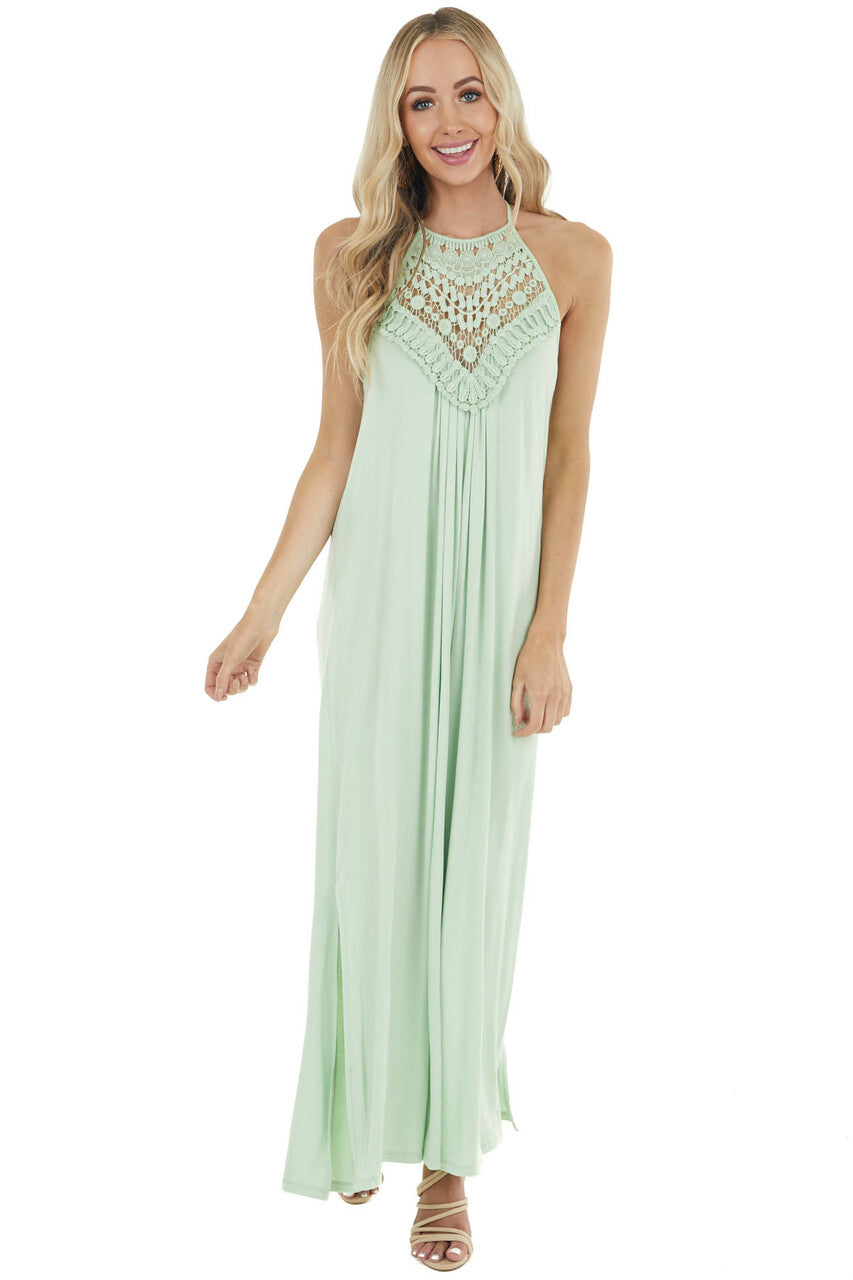 Pale Mint Sleeveless Maxi Dress with Front Lace Detail