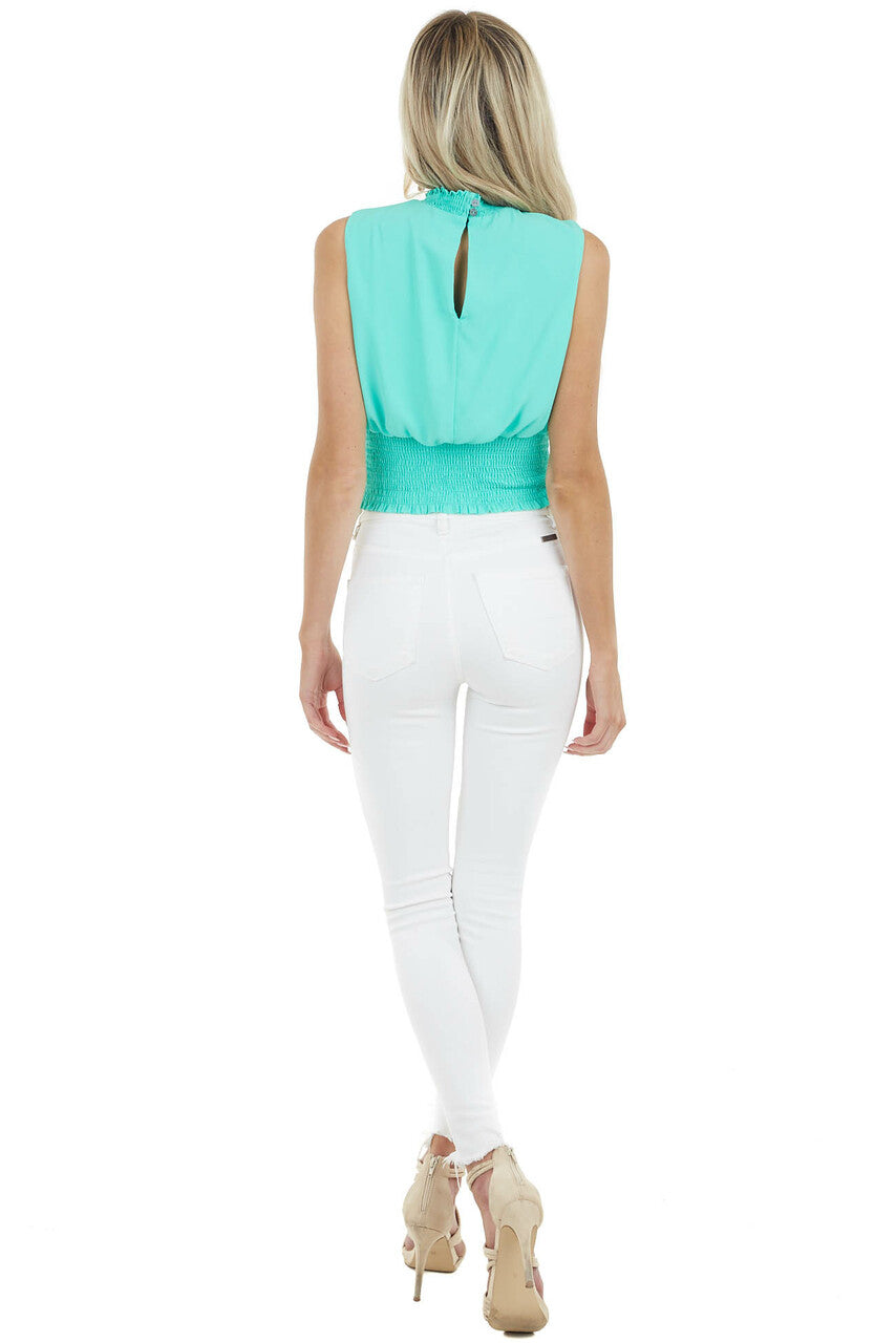Seafoam Sleeveless Smocked Mock Neck Top with Smocked Waist