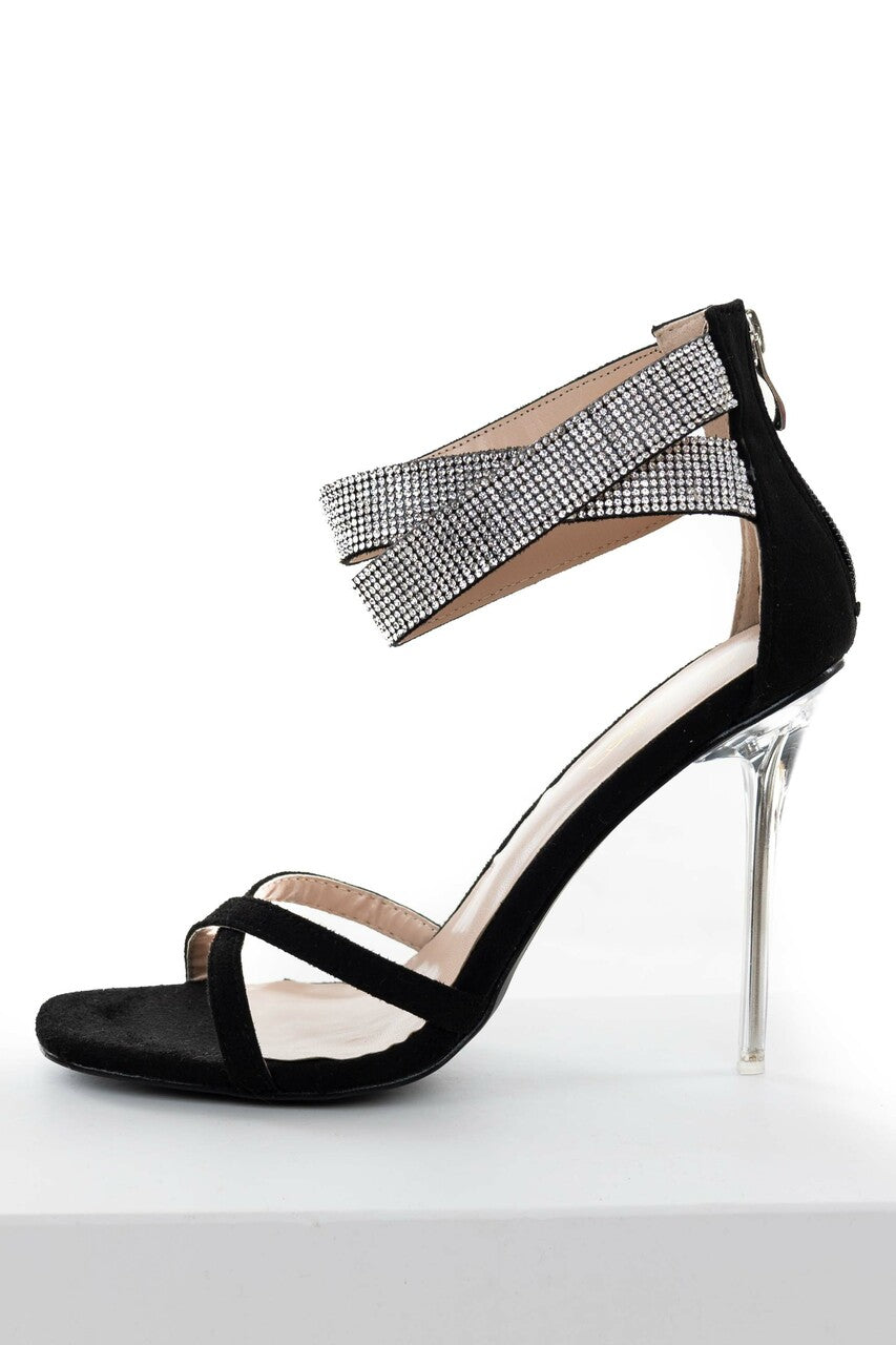 Black Suede and Rhinestone Strappy High Heels
